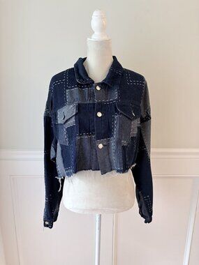 Tideeku Cropped Denim Patchwork Jacket Medium With Frayed Hem & Button Front